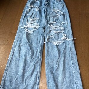 AE American Eagle Light Wash Distressed Wide-Leg Jeans